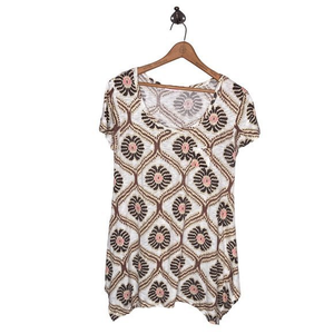 Fresh Produce‎ Small S White Brown Ikat Cotton Slub Asymmetrical Hem Tunic Top
